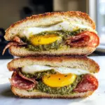 Pesto Eggs and Crispy Mortadella Sandwich