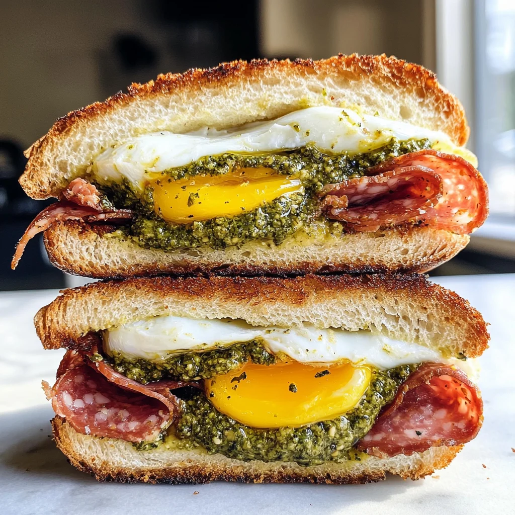 Pesto Eggs and Crispy Mortadella Sandwich