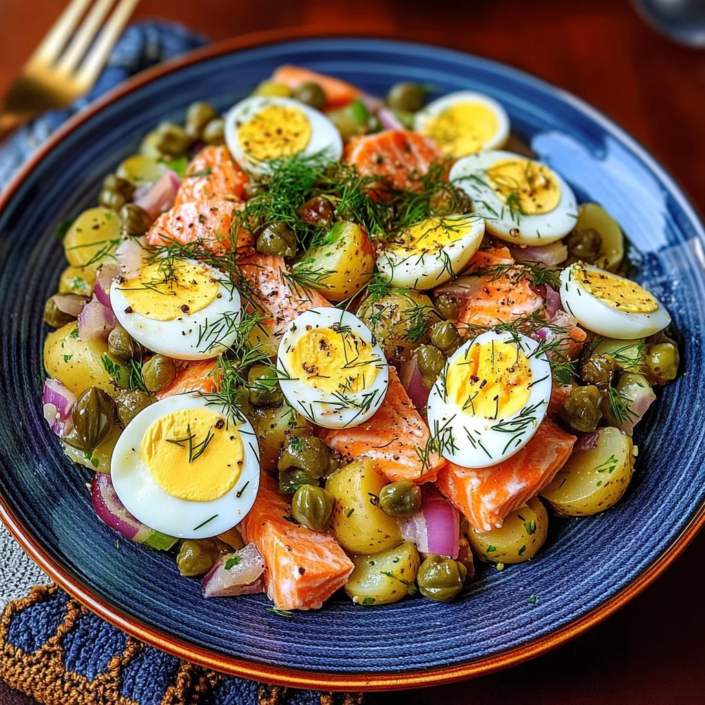 Russian Salmon Potato Salad Recipe with Soft-Boiled Eggs