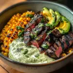 Steak, Avocado, and Roasted Corn Bowl with Cilantro Cream Sauce