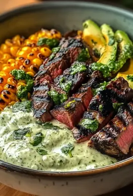 Steak, Avocado, and Roasted Corn Bowl with Cilantro Cream Sauce