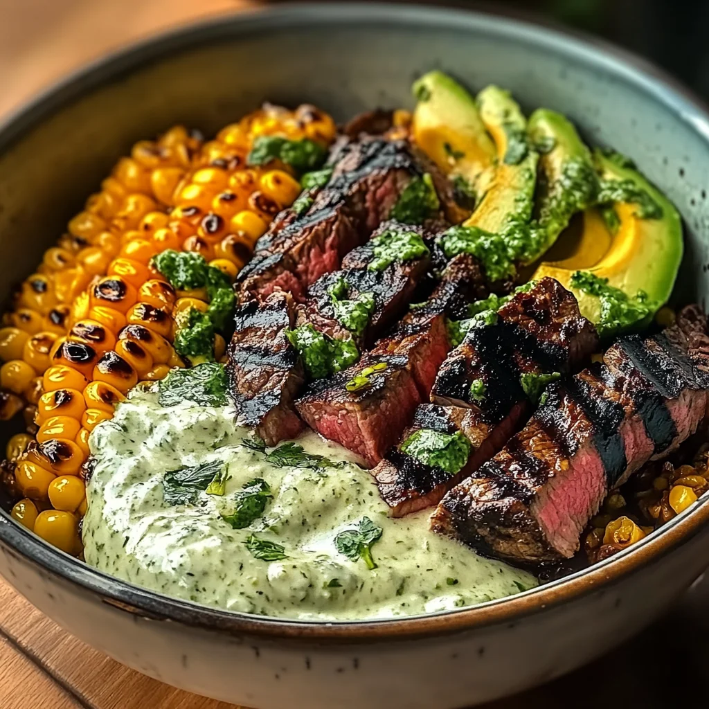Steak, Avocado, and Roasted Corn Bowl with Cilantro Cream Sauce