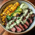 Steak, Avocado, and Roasted Corn Bowl with Cilantro Cream Sauce