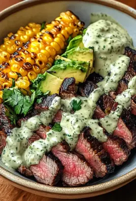 Steak, Avocado, and Roasted Corn Bowl with Cilantro Cream Sauce